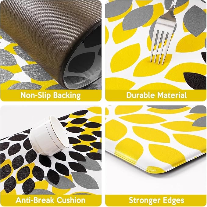 Likiyol Kitchen Mats for Floor Anti-Fatigue Comfort Kitchen Rugs, Boho Flower Cushioned Waterproof Kitchen Decor Mat Thick, 18''x60'', Yellow