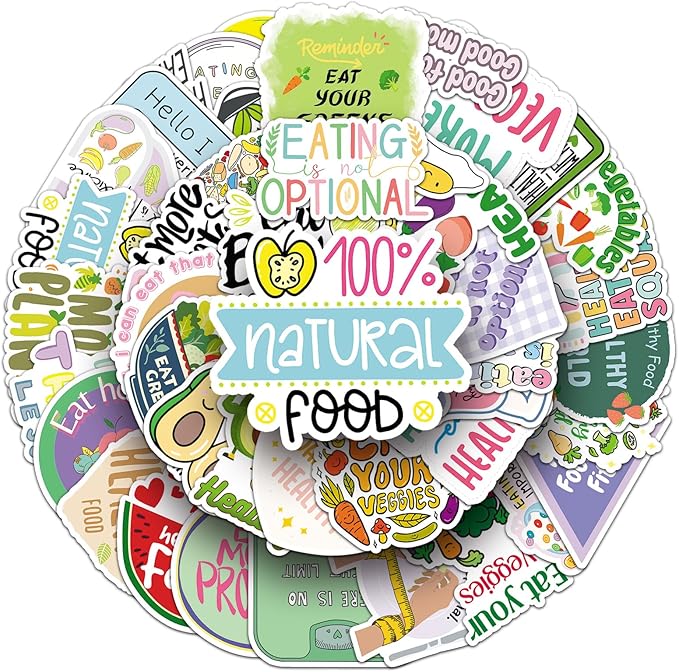 50pcs Healthy Diet Stickers,Healthy Eating Stickers Fruit & Vegetable Meal Decorative Stickers, Self-Adhesive for Scrapbooking, Kitchen Decoration, Weight Loss Plan Recordin