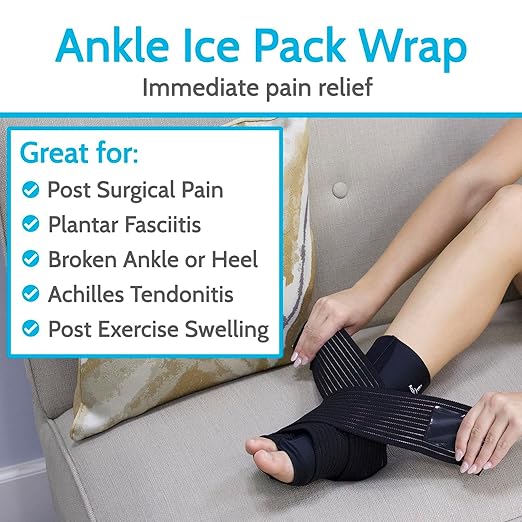 Vive Arctic Flex Ankle Ice Pack Wrap for Swelling - Adjustable Hot & Cold Gel Compression for Foot & Heel Injuries Reusable, Pain Relief, Reusable Cooling Therapy