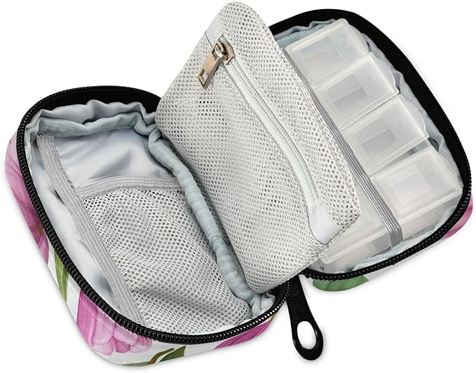 Romantic Pink Tulips and Hearts Travel Pill Organizer Case Box Container Weekly Portable Vitamin Medicine Holder Storage Bag with Zipper Removable