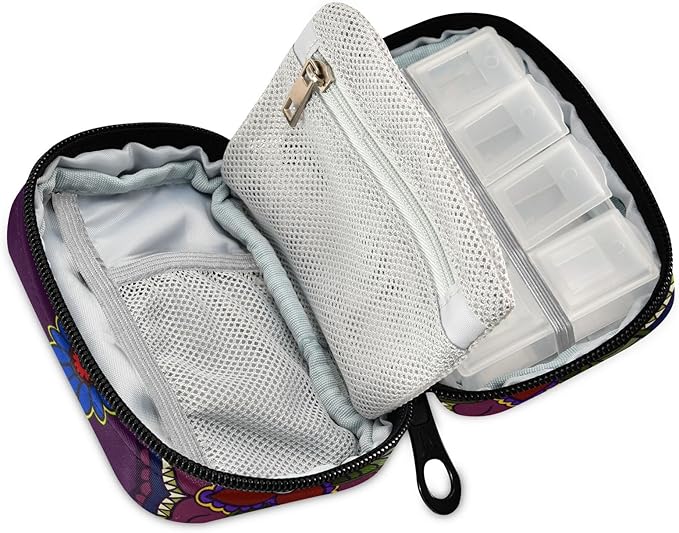 Ollabaky Mandala Floral Owl Pill Organizer Travel Pill Cases Bag Portable Pill Container 7 Days Pill Box Organizer Vitamin Supplement Holder with Zipper for Family Business