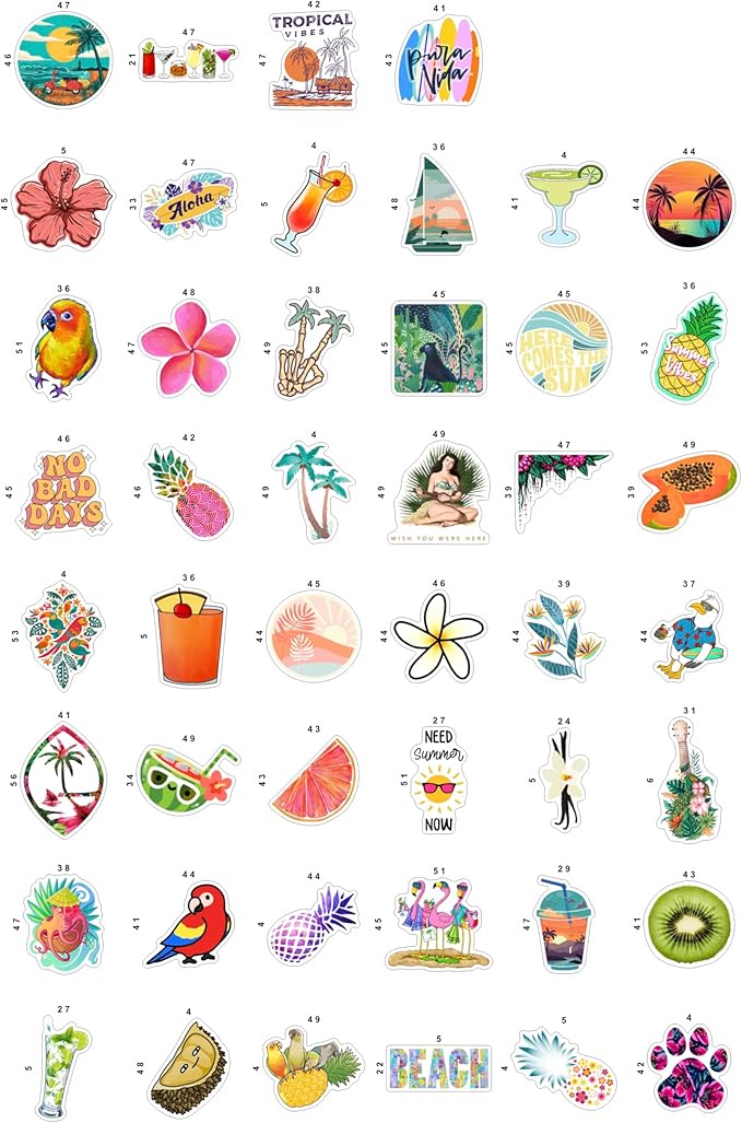 BulbaCraft Tropical Stickers, Beach Stickers for Water Bottle - Tropical Party suppliess & Decorations, Waterproof Vinyl Hawaiian Decals, Aloha Decals, Gifts for Women & Men
