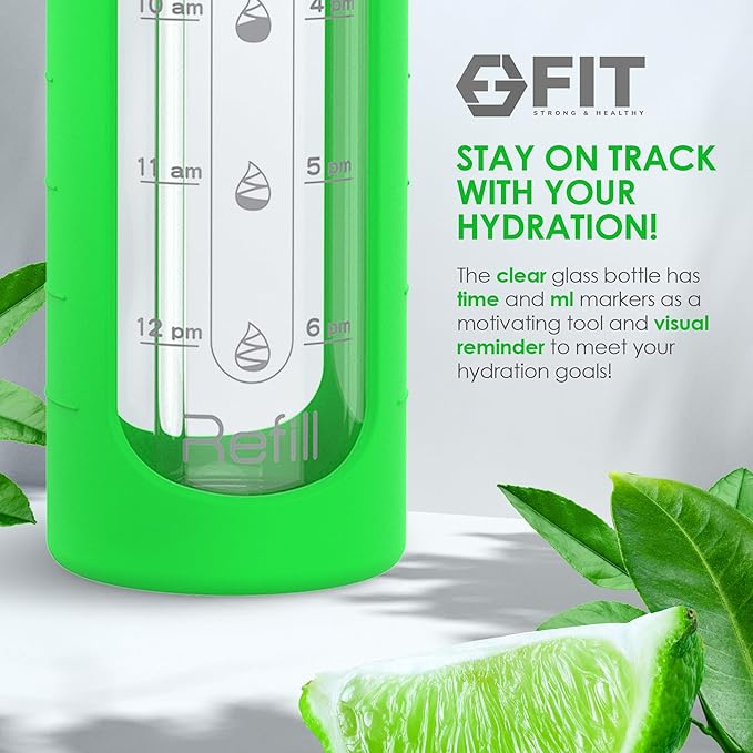 FIT Strong & Healthy 32 oz Glass Water Bottle with Straw Lid - Wide Mouth Borosilicate Glass Water Bottles with Time Marker, Silicone Sleeve & Extra Lid - 1L Large Motivational Drinking Bottle