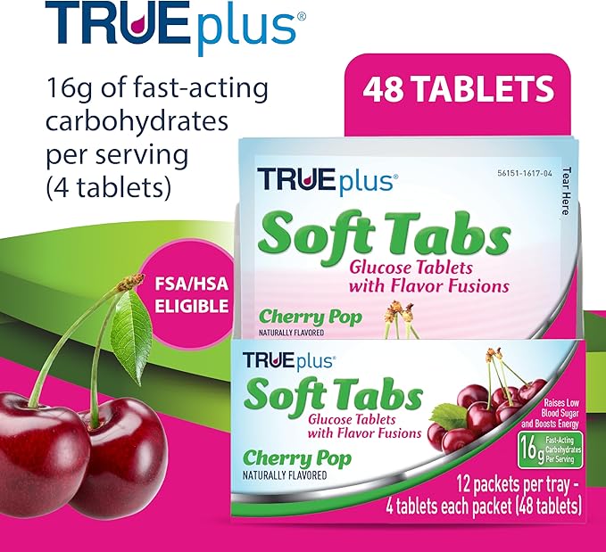 TRUEplus Soft Tabs Glucose Tablets, Chewable, Cherry Pop Flavor, 16g Fast-Acting Carbohydrates, Fat Free, Gluten Free, Raise Low Blood Sugar and Boost Energy, 4 Count, 12 Packs