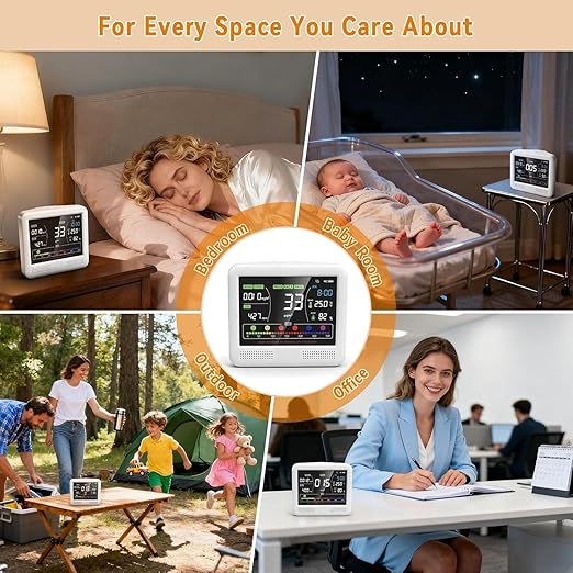 Indoor Air Quality Monitor 16-in-1 with CO2 Detector, PM2.5P, PM10, M1.0, HCHO & TVOC – Portable Air Quality Tester with AQI Alerts, Temperature & Humidity Meter Kit for Home Office Nursery RV