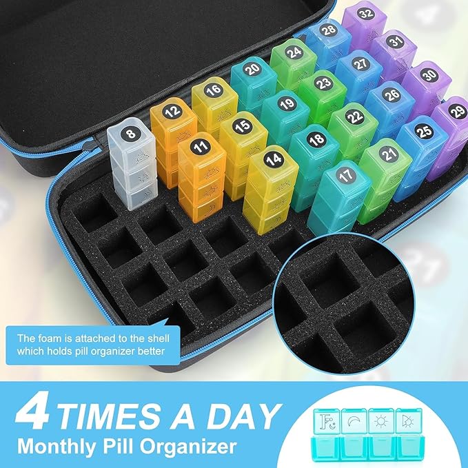 Yewltvep Monthly Pill Organizer 4 Times a Day, Pill Box Organizer with 32 Daily Compartments, 30 Day Pill Organizer 4 Times a Day Pill Holder with Hard Shell Travel Case+Weekly Pill Bag 4 Times a Day