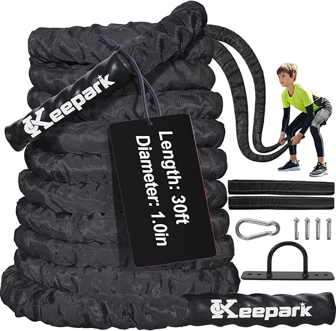 Battle Ropes for Home Gym 1 Inch Diameter 30FT Length Workout Rope Exercise Rope Training Ropes with Protective Sleeve for Kids Men Women Exercise Fitness & Strength Training