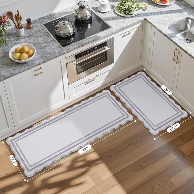 KIMODE Anti Fatigue Kitchen Mats, Light Grey Kitchen Rugs, Padded Kitchen Mat for Floor, Comfort Standing Desk Mat, Cushioned Kitchen Mats for Floor 2 Piece for Laundry Office Sink 17"x47"+17"x29"