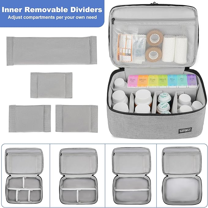 Medicine Storage Bag,Double Layers Pill Bottle Organizer Bag Empty with Lockable Zipper&Adjustable Divider,Medication Travel Carrying Bag for Pills,Vitamins,Medical Supplies,Grey