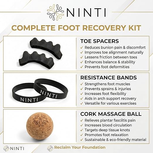 NINTI Toe spacer kit with resistance band and massage ball - Includes silicone toe separators, toe resistance band, cork massage ball, and cotton bag. Improve toe splay, bunion corrector.