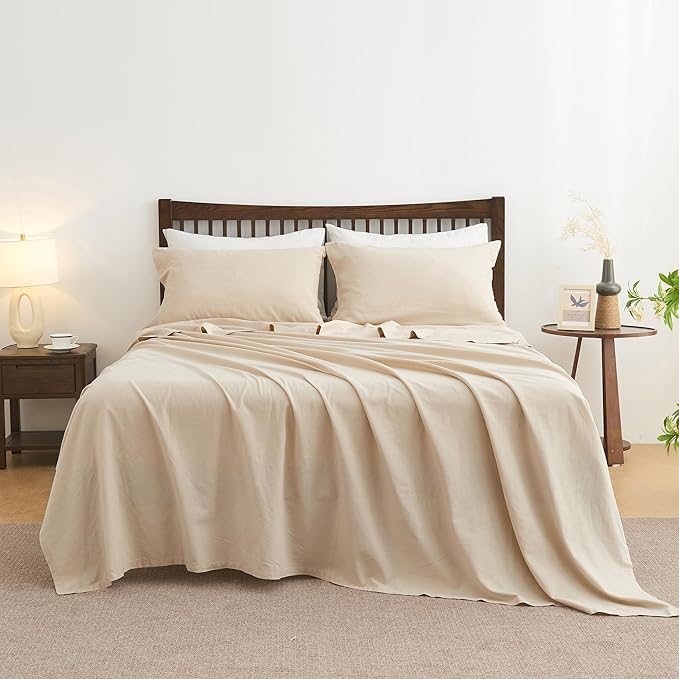 Simple&Opulence Belgian Linen Sheet Set Solid Color - 4 Pieces (1 Flat Sheet, 1 Fitted Sheet & 2 Pillowcases) Natural Flax Cotton Blend Soft Breathable Farmhouse Bedding - Full Size, Linen/Beige