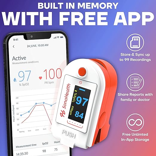 Pulse Oximeter by SonoHealth - Fingertip Blood Oxygen Saturation Monitor, Data Recording, Bluetooth-Enabled - Lifetime Mobile App Access (Pulse Oxi V 1.0)