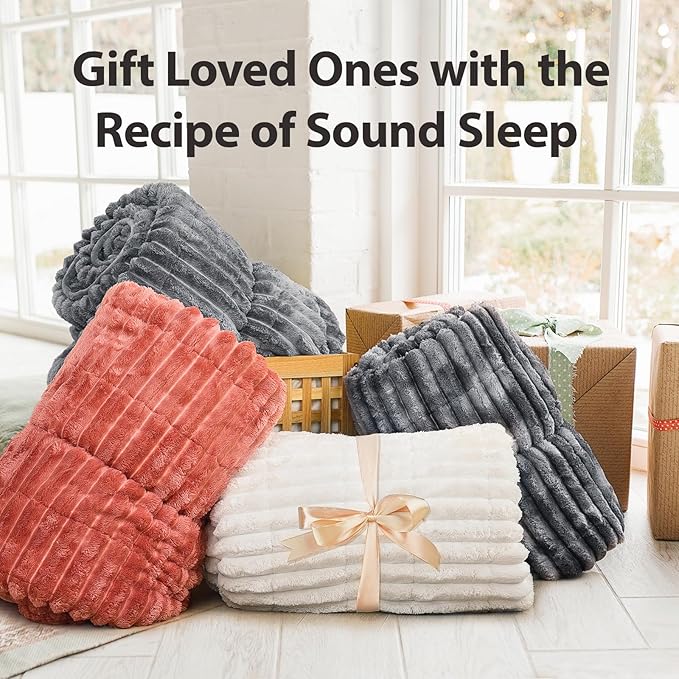 Sherpa Fleece Weighted Blanket with 3D Ribbed Stripes, 15 lbs Soft Flannel Heavy Throw Blanket for Couch Bed Sofa, Heavy Thick Blankets with Glass Beads, Great for Sleep, 48" x 72"