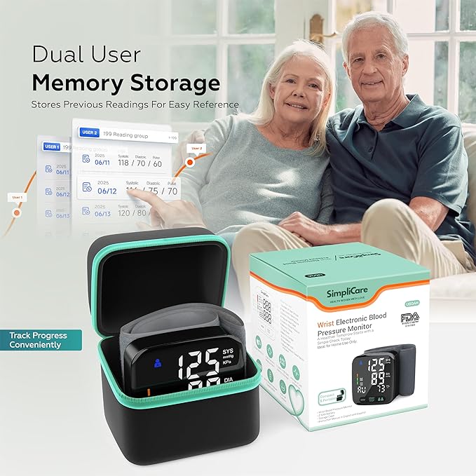 Wrist Blood Pressure Monitor for Home Use – FDA 510(k) Cleared Class II Medical Device, Digital Wrist Cuff 13.5–21.5 cm, Large 2.9" LED, Dual User, Travel Case (U60AH)