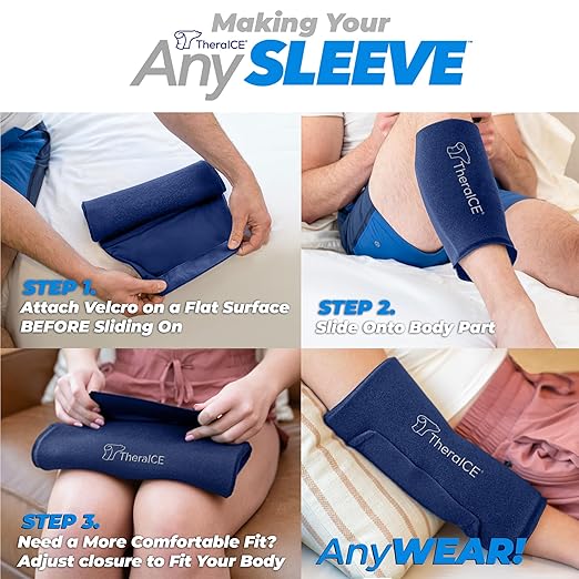 TheraICE Knee Ice Pack Wrap Compression ANYSleeve for Injuries, Reusable Gel Cold Packs Brace for Elbow & Calf - Flexible Cold Wrap Recovery for Pain Relief (One Size fits most people & Body parts)