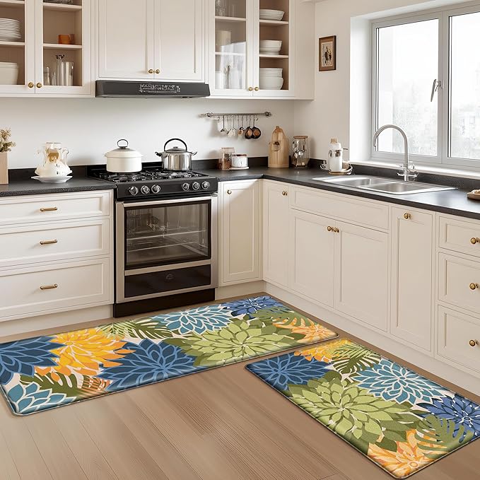 Kitchen Mats for Floor 2 Piece Cushioned Anti Fatigue Kitchen Mats Waterproof Non Slip Kitchen Mat Rug Set Comfort Foam Standing Mat for Sink, Laundry, Office, Yellow Green