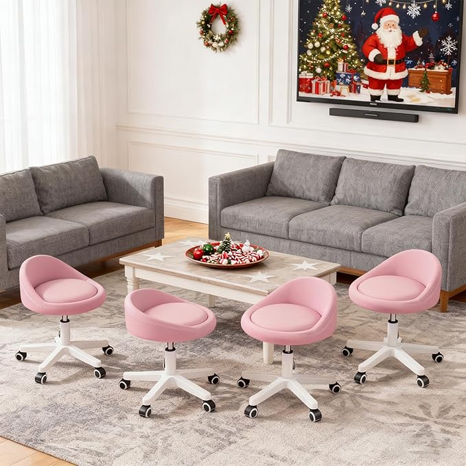 Rolling Stool Set of 4– Ergonomic Swivel Seat, Adjustable Height, Ultra-Quiet Wheels, Padded PU Leather Cushion, for Salon, Office, Massage & Medical Use Pink
