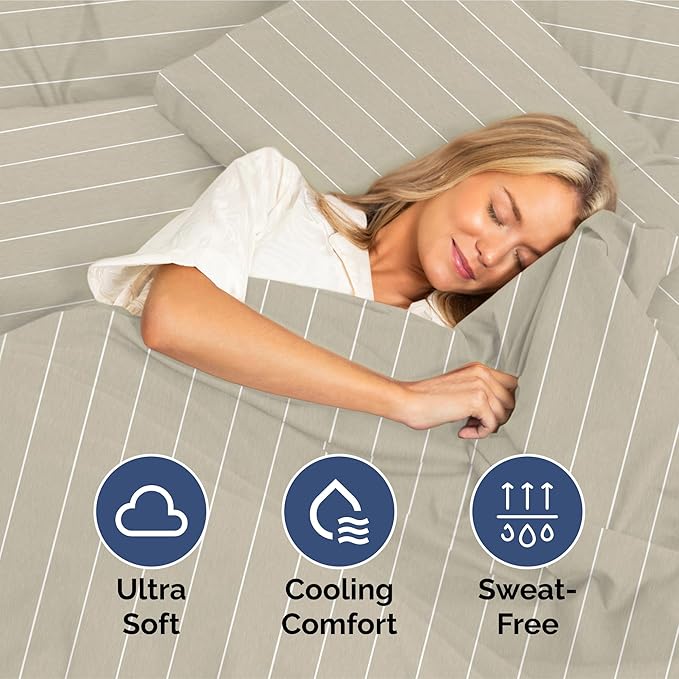 King Size 4 Piece Sheet Set - Comfy Breathable & Cooling Sheets - Hotel Luxury Bed Sheets for Women & Men - Deep Pockets, Easy-Fit, Soft & Wrinkle Free Sheets - Beige Stripes Oeko-Tex Bed Sheet Set