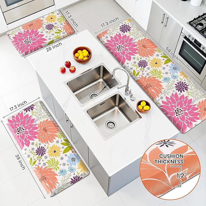 Kitchen Mats for Floor,Cushioned Rug Anti-Fatigue Mats for Kitchen Decor Accessories,Waterproof Non-Slip Mat and Rug for Office,Floor,Laundry 17.3"*28",Mutil-Pink