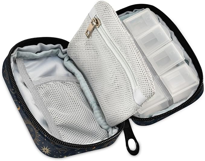 Magic Constellation Sun Moon Pill Box 7 Day Pill Case Travel Pill Organizer Bag Container for Medicine with Zipper Portable Weekly Case Compact Size for Medicine, Vitamin, Supplement