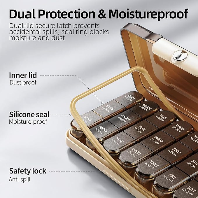 Weekly Pill Organizer 3X a Day, Detachable 7 Day Pill Box 3 Times a Day with Moisture-Proof Design, Portable Light-Proof Daily Pill Case for Pills,Vitamin,Fish Oil and Supplements(Brown)
