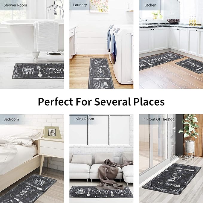Asrug Kitchen Mats for Floor, Anti Fatigue Comfort Kitchen Standing Desk Mat, Floor Pad Kitchen Rug Waterproof Stain Resistance Non Slip Kitchen Set of 2, 17.3''x27.6''+17.3''x47.2'', Eat Well