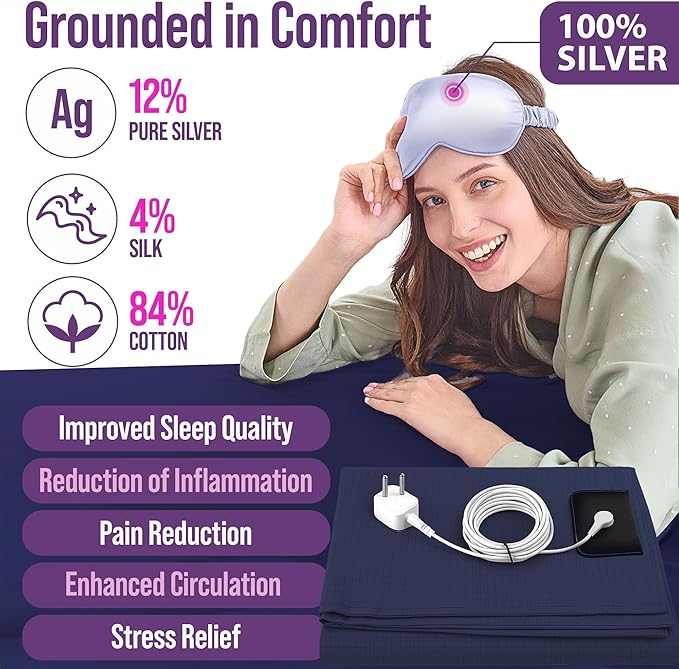 Earth Grounding Sheets California Size with 12% Silver Fiber & 4% Silk & 84% Cotton - Dark Blue - Quality Certified Grounded Well Bed Sheet - Conductive Fitted Sheet for Better Sleep