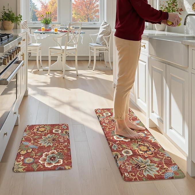 LEEVAN Anti Fatigue Mats for Kitchen Floor 2 Piece,Cushioned Memory Foam Red Kitchen Mats for Floor,Comfort Floral Boho Non Slip Kitchen Floor Mat for Sink,Laundry,Office(17''x29''+17''x47'')