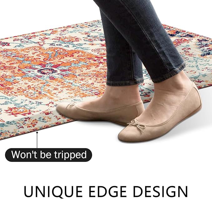 MAYHMYO Boho Kitchen Mat Anti Fatigue Ethnic Kitchen Cushioned Floor Mat Orange Blue Kitchen Rugs Non Slip Cool Rugs for Kitchen Floor Office