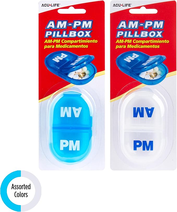 ACU-Life Daily AM/PM Travel Pill Organizer, Vitamin Case, Medicine Container, Portable Round Pill Box, Pocket Pharmacy, 2 Times a Day, Color May Vary