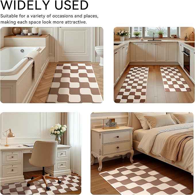 Khaki Beige Retro Curvy Checkered Grid Checkerboard Kitchen Rug Sets [2 PCs], Anti-Fatigue, Waterproof Non-Slip Kitchen Mats Heavy Duty Comfort Foam Rug for Floor, Home, Laundry,17"x29"+17"x47"