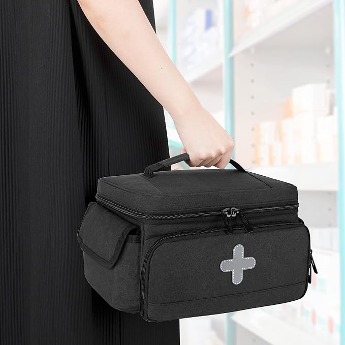CURMIO Medicine Storage Bag Empty, Lockable Pill Bottle Organizer with Portable Zippered Pouches for First Aid Kits, Medicine Box for Home and Travel, Black (Patent Pending)