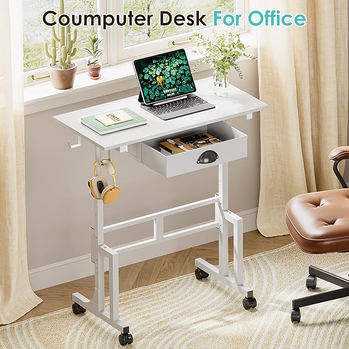 Small White Standing Computer Desk with Drawers,Height Adjustable Home Office Sit Stand Up Desk with 4 Wheels & 2 Hooks,Portable Rolling Work Study Gaming Table for Laptop Tablet Walking Pad Treadmill