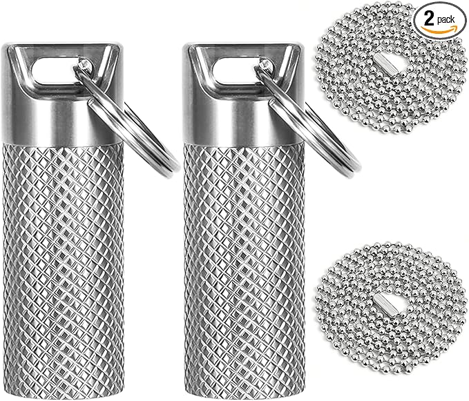 Mini Titanium Pill Box Keychain & Necklace - 100% Waterproof and Airtight, Travel Pill Holder for Essentials, Ultra Lightweight & Compact Medicine Container with O-Ring Seal (2PC)