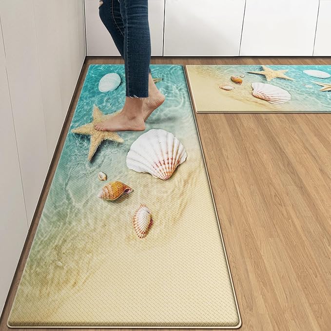 Anti-Fatigue Beach Kitchen Rug Set of 2 Cushioned Seashell Rug Mat for Floor, Summer Standing Waterproof Non-Slip Mat PVC Ergonomic Comfort Foam Decor for Kitchen
