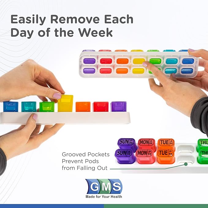 GMS Weekly Pill Organizer - 7 Day AM/PM Pop Out Pill Pods for Supplements, Vitamins & Medications - Ideal for Daily Use & Travel - Rainbow