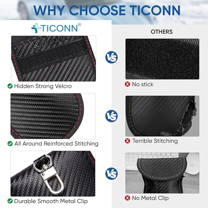 TICONN 2PK Faraday Bags for Car Keys Fob, 3.5''X5.0'' Faraday Cage Protector, Car RFID Signal Blocking, Anti-Theft Pouch Anti-Hacking Case Blocker (Carbon Fiber)