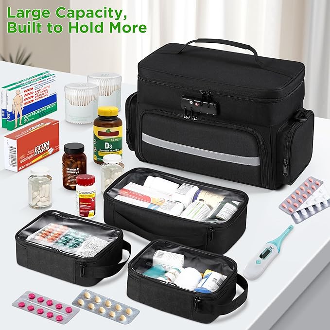 Zannaki Medicine Bag with 3 Removable Pouches, First Aid Bags Empty with Combination Lock, Double Layers Pill Bottle Organizer with Shoulder Strap, Large Medication Travel Storage for Medical Supplies