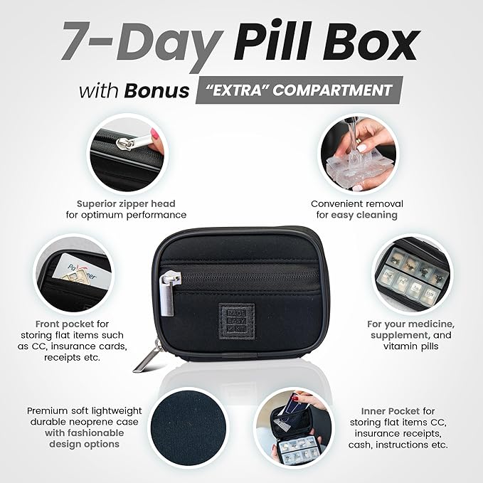 Made Easy Kit Pill Case - Weekly Medicine Organizer with Removable Seven-Day Vitamin & Supplement Box - Premium Neoprene for Travel Purse Accessory (Black)
