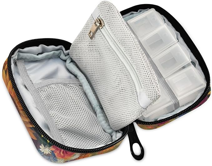 Travel Pill Case Colorful Spring Sunflower and Rose Weekly Small Pill Box 7 Day Pill Box Pill Organizer Bag