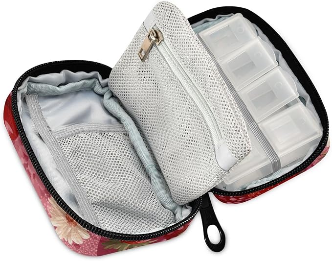 Red Checkered Floral Cherry Strawberry Travel Pill Organizer Case Box Container Weekly Portable Vitamin Medicine Holder Storage Bag with Zipper Removable