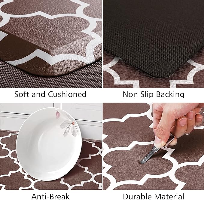 KMAT Kitchen Mat [2 PCS] 0.47in Cushioned Anti-Fatigue Kitchen Rug, Waterproof Non-Skid Heavy Duty PVC Ergonomic Comfort Standing Mat for Floor, Brown