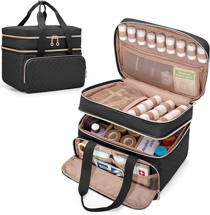 Yarwo Double Layers Medicine Pill Bottle Organizer Empty, Lockable Medication Travel Storage Bag with 5 Customized Dividers for Emergency Home Outdoor First Aid Supplies, Black