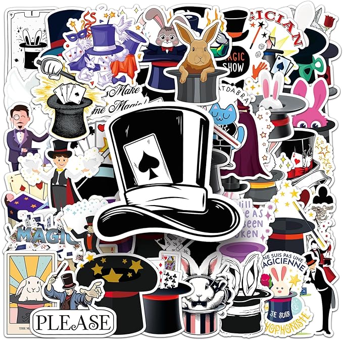 53pcs Magician Stickers, Waterproof Vinyl Stickers with Rabbit, Poker, Hat & Magic Wand Patterns, Suitable for Kids & Adults, Decor for Laptop, Phone