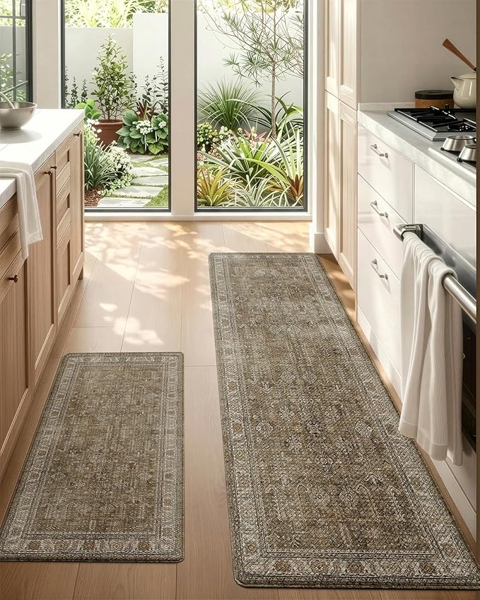 LUMI Anti-Fatigue Kitchen Floor Mats Set of 2,Cushioned Comfort Standing Rug Waterproof 2PCS, Non-Slip Ergonomic Foam Runner for Sink, Laundry, Office & Home,17x29+17x59,Tawny Echo
