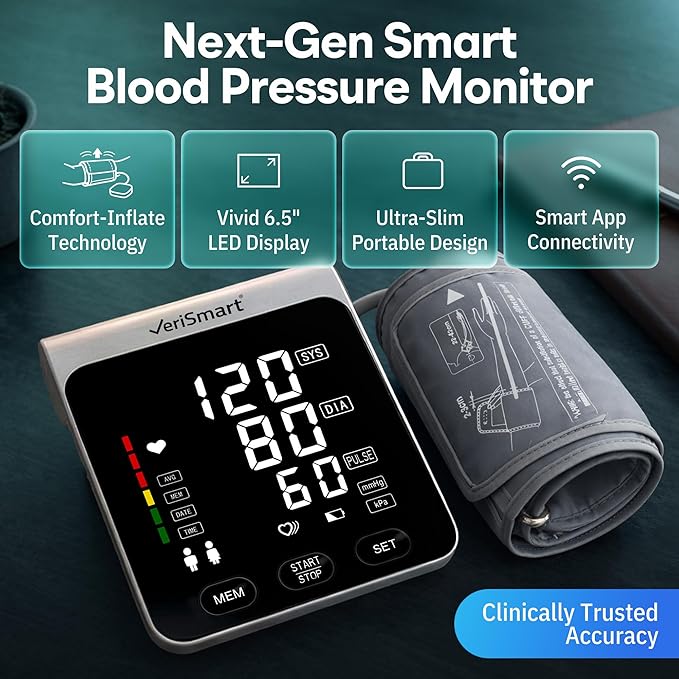 Smart Bluetooth Blood Pressure Monitor by VeriSmart Health - FDA-Cleared, Vivid 6.5" LED, Comfort-Inflate Tech, Ultra-Slim Design, Battery & USB-C, Wireless Secure US-Hosted App