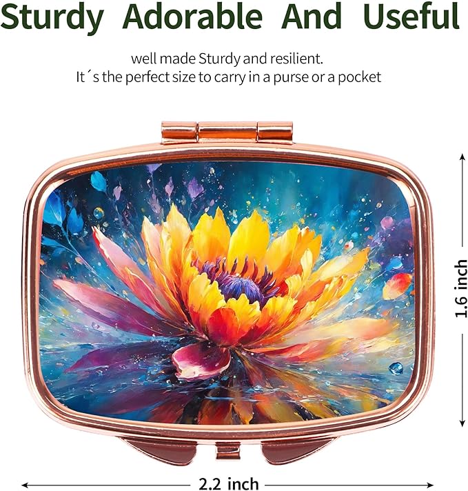 Dynippy Pill Case Pill Box with Mirror Retro Pocket 2 Compartment Medicine Case Vitamin Pill Organizer for Pocket Purse and Travel (Rose Gold - Colorful Flower)