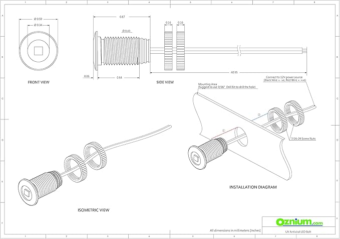 UV Antiviral Light Bolt - Flush Mount 12V Ultraviolet UVC Germicidal LED, Sanitizer, Disinfection for Cars Interior, Footwell, Trunk w/ SLEEK Aluminum Housing & Screw Nut (11 mm Black, UV-C LED)