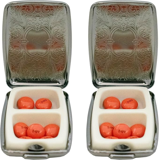 Set of 2 Etched Rectangular Pocket Purse Pill Box & Organizer with Dual Compartments (Victorian - Pewter)