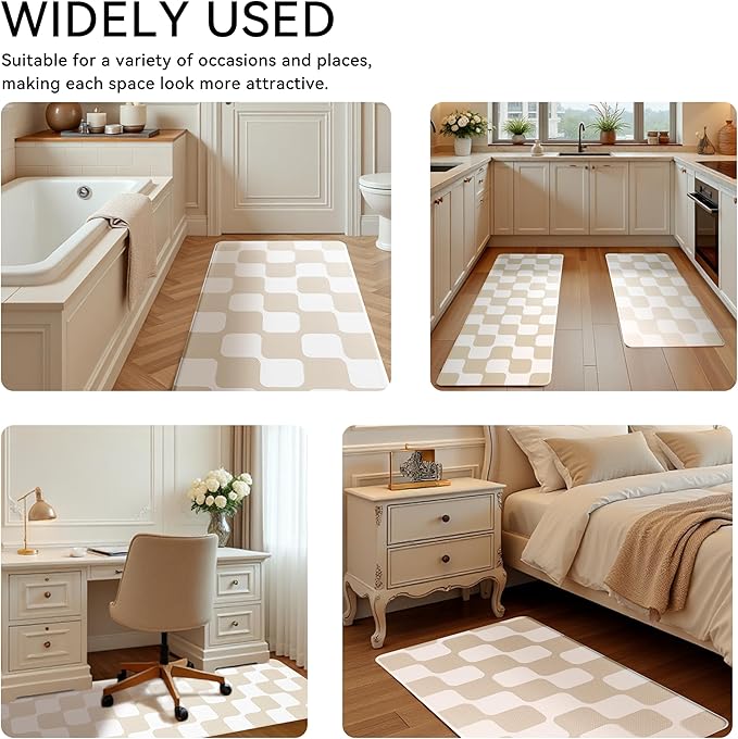 Cream Retro Curvy Checkered Grid Checkerboard Kitchen Rug Sets [2 PCs], Anti-Fatigue, Waterproof Non-Slip Kitchen Mats Heavy Duty Comfort Foam Rug for Floor, Home, Laundry,17"x29"+17"x47"